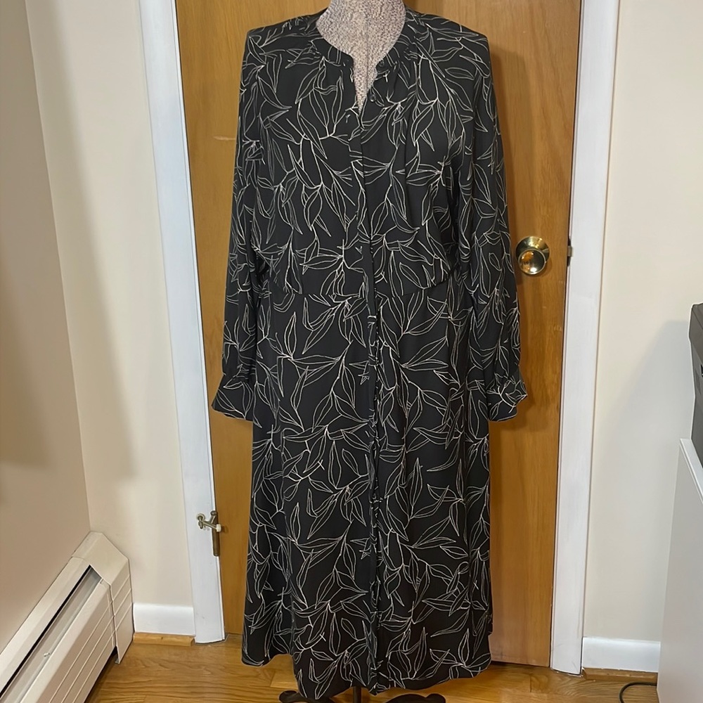 A New Day Womens Large Black and White Midi Dress Long Sleeve Button Down